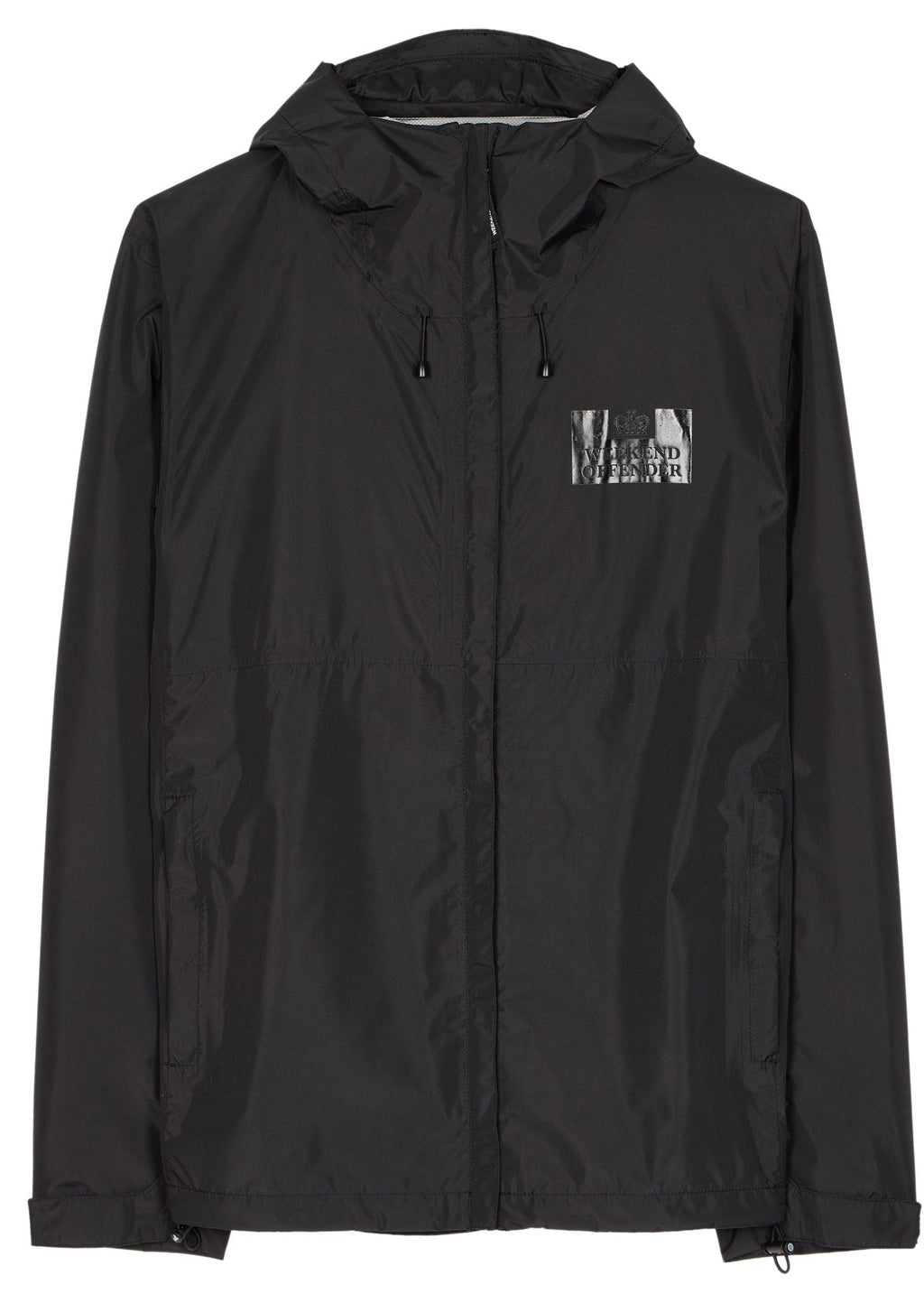 Black jacket with a small logo on the chest against a white background