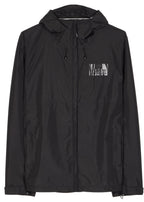 Black jacket with a small logo on the chest against a white background