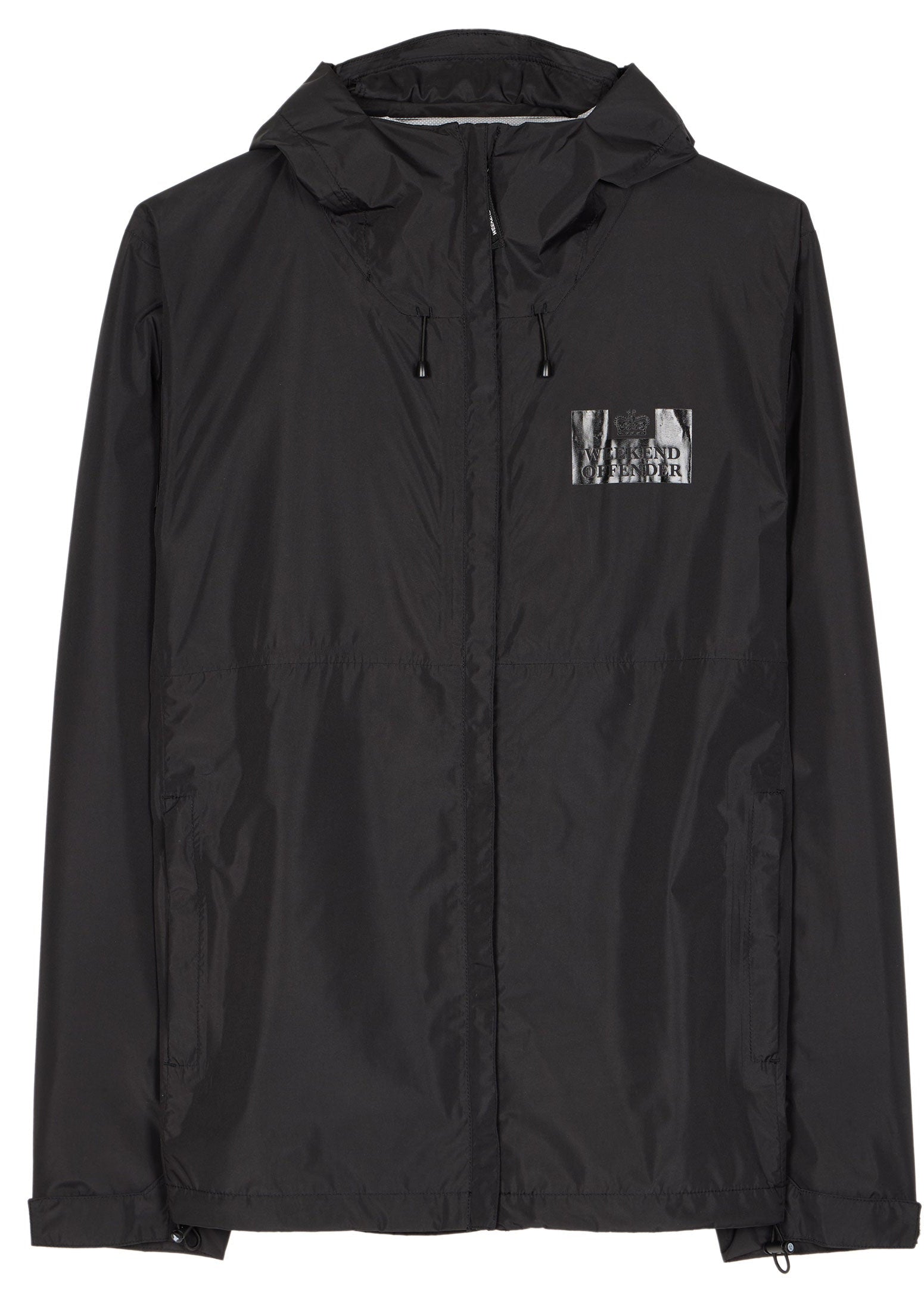 Black jacket with a small logo on the chest against a white background